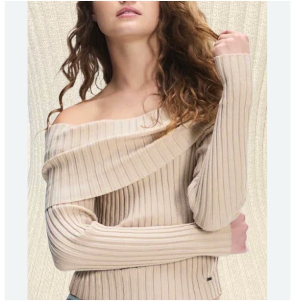 Savage X Fenty “Très Off-The-Shoulder” Light Beige Rib-Knit Sweater Size 12-14